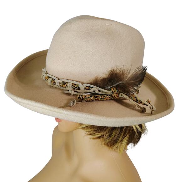 Tan Lancaster Wool Cowboy Western Hat Leather Rope Feather Hat Band Size 7 Women - Picture 5 of 10